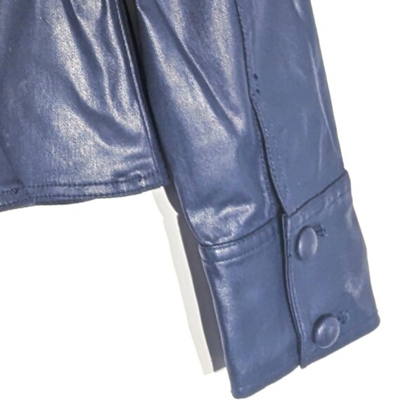 WHBM $180 NAVY Coated Denim Military Jacket Officer Blue Stretchy WASHABLE 14/12 - Picture 8 of 9